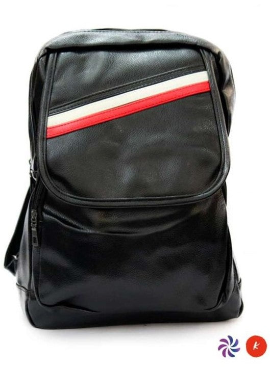 BLACK PU Leather Backpack with Tricolor Stripes!